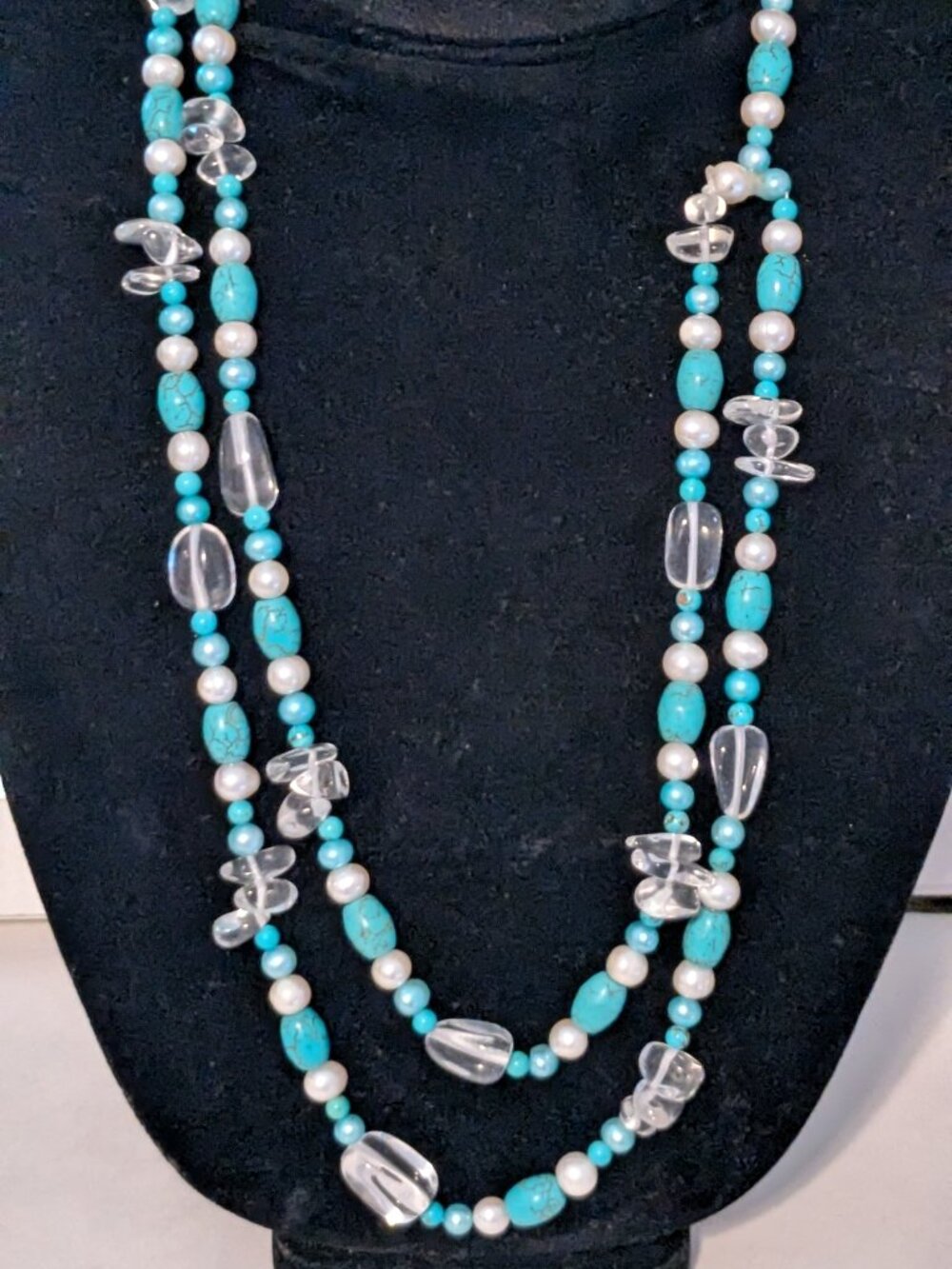 Turquoise, Quartz, Genuine Pearl Half Two Strand Necklace